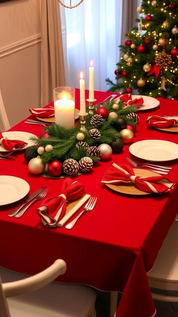A festive red and white Christmas table setting with candles, ornaments, and natural decorations.